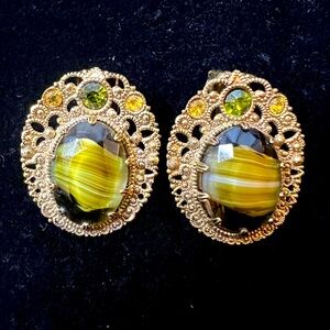 Vintage Germany Signed Green Slag Glass Porphory Glass Filagree Clip On Earrings